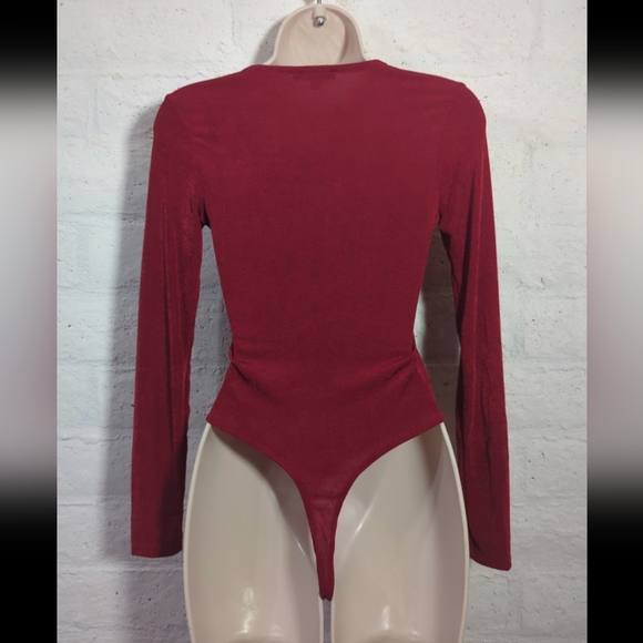 Shimmery Plunge V Red Twist Bodysuit - Picture 2 of 5